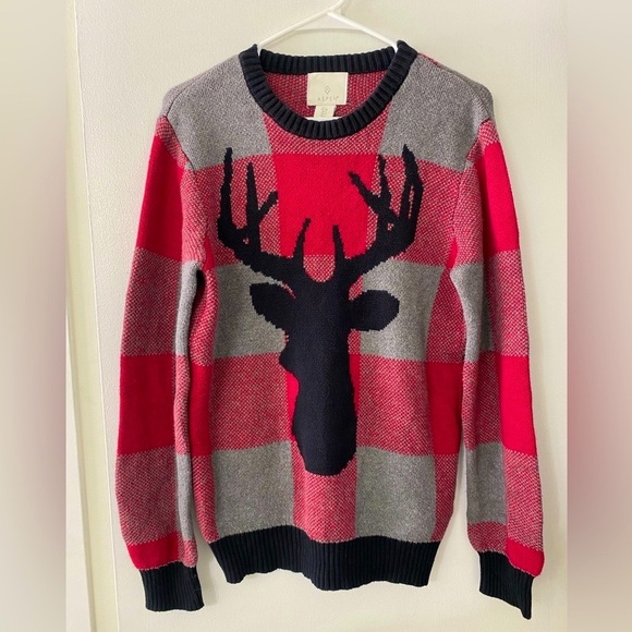 Cabin Core Aspen moose red gray and black plaid Cotton winter Sweater - Picture 1 of 5